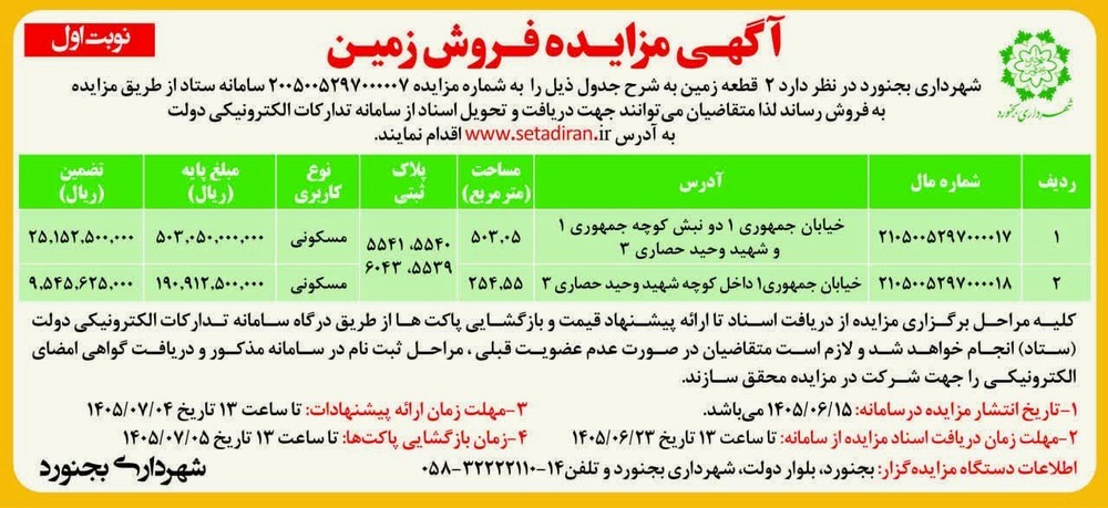 فروش دو قطعه زمین واقع در جمهوری متعلق به شهرداری بجنورد 